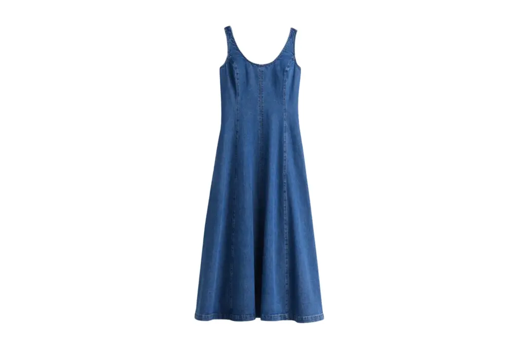 Denim scoop neck maxi elbise