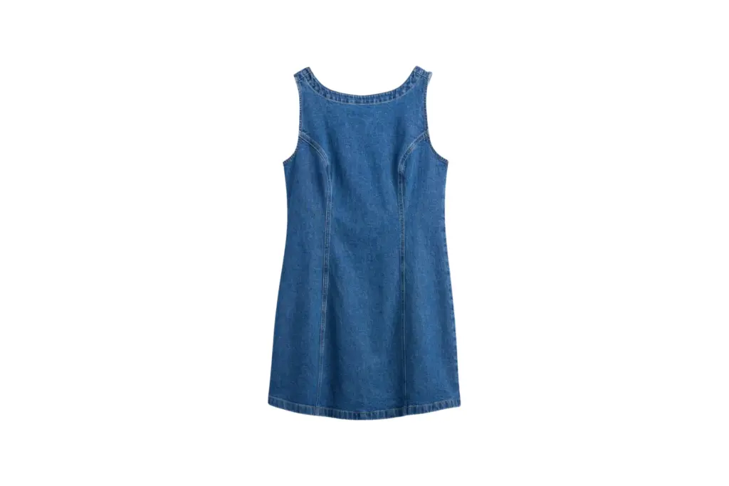 Denim botneck open-back mini elbise
